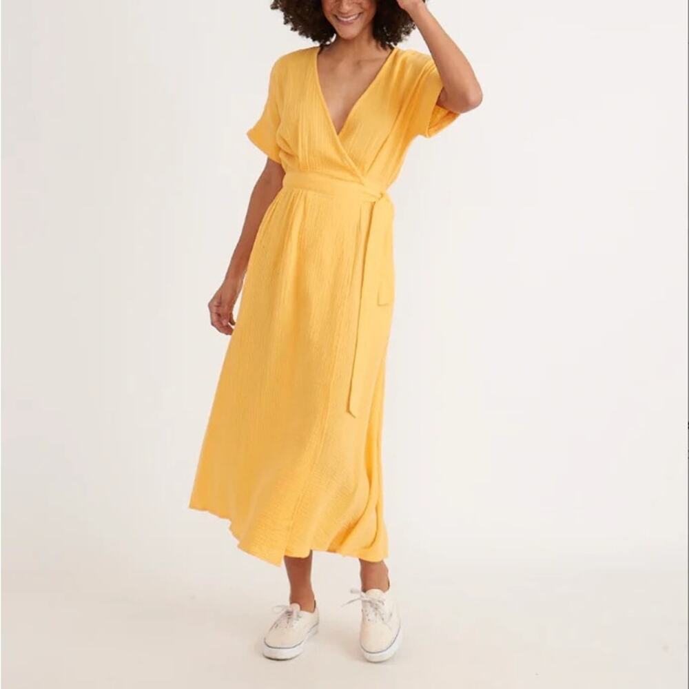 Marine Layer Valencia Wrap Dress Golden Yellow Women's Large Adjustable Gauze